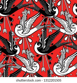 Flying graphic swallows pierced by two metal arrows. Vector old school seamless pattern