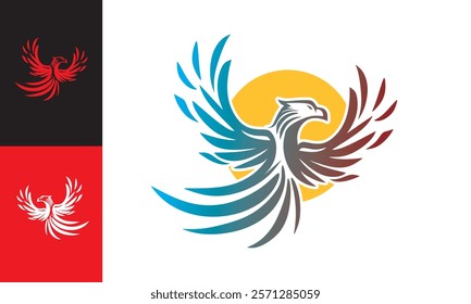 flying great phoenix bird logo, silhouette of strong fantasy bird and yellow circle vector illustrations