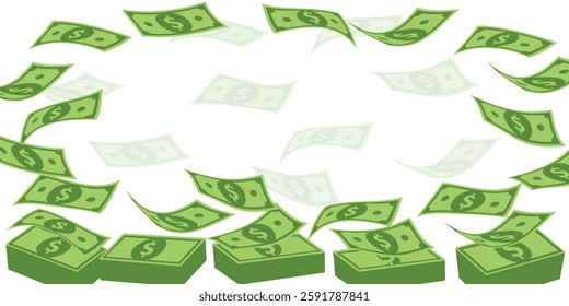 Flying green banknotes banner vector illustration. Frame with big amount of floating money on white background flat style design. Money rain concept with copy space.