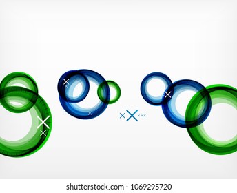 Flying green and blue abstract circles, vector geometric background, color air bubbles, web banner template, business or technology presentation background or elements, vector illustration