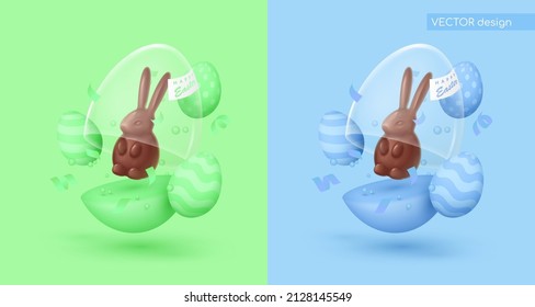 Flying green and blue egg with glass dome mini eggs. Happy Easter poster. Vector illustration for card, party, design, flyer, banner, web, advertising.