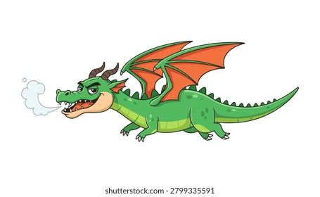 Flying green dragon blowing smoke with breathing mythical creature fairytale