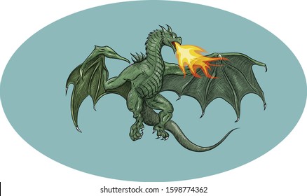 Flying green dragon with claws wings and tale spew fire. Fantasy mythological poster logo print. Freehand drawn colored medieval fairy tale creature. Strength power might sign symbol