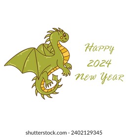 El dragón verde volador se eleva en el aire. Feliz texto de Año Nuevo 2024. Dibujo gráfico aislado de vector colorido dibujado a mano. Símbolo del año 2024. Reptiles de países asiáticos, pancarta oriental de animales