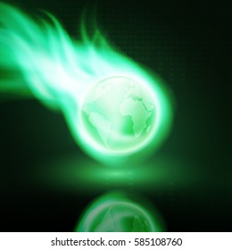 Flying green flaming the globe on dark background with stream of binary code. EPS10 vector.