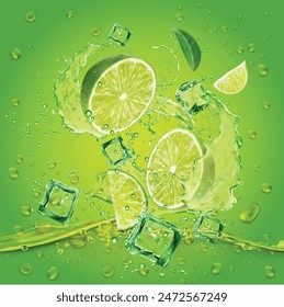 Flying Green Fresh juicy Lime, cutting slices with green splash