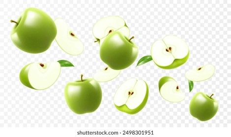 Flying green juicy apples. Bright background falling apples, realistic illustration with blurred effect. 3d vector design for advertising banners and web page design