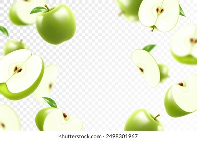 Manzanas verdes jugosas voladoras. Fondo brillante que cae manzanas, ilustración realista con efecto borroso. Diseño de Vector 3D para Anuncios publicitarios y diseño de página de Web