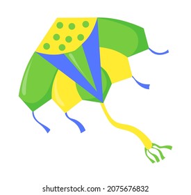 Flying green kite. Toy for summer national festival, color vector illustration isolated on white background