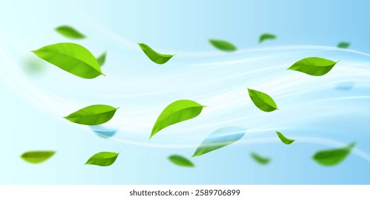 Flying green leaves in the air waves. Fresh aroma. Clean airy environment. 