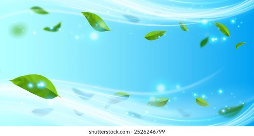 Flying green leaves in the blue air waves. Fresh menthol aroma. 3D natural vector background.  