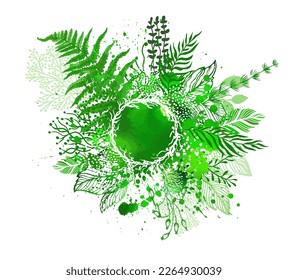 Flying green leaves effect . Green abstraction plants. Round frame. Vector illustration. Vector illustration
