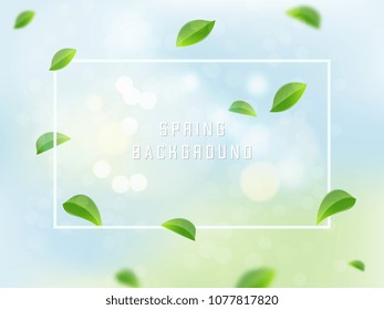 Flying green leaves on light blue background. Realistic vector background.