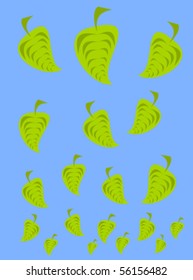 Flying green leaves over blue sky illustration