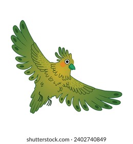 Flying green parrot vector illustration on white background.