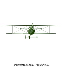 Flying green retro plane. Vector illustration