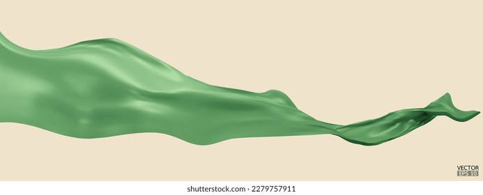 Flying green silk textile fabric flag background. Smooth elegant green Satin Isolated on beige Background for grand opening ceremony. Green curtain. 3d vector illustration.