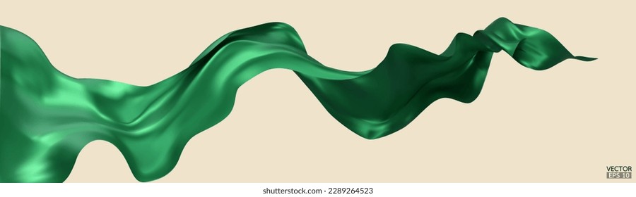 Fondo de la bandera textil de seda verde volando. Satin verde suave y elegante aislado de fondo beige para la gran ceremonia de inauguración. Cortina verde. 3.ª ilustración vectorial