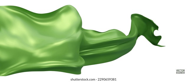 Flying green silk textile fabric flag background. Smooth elegant green Satin Isolated on white Background for grand opening ceremony. Green curtain. 3d vector illustration.