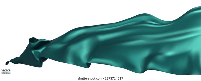 Flying green silk textile fabric flag background. Smooth elegant green Satin Isolated on white Background for grand opening ceremony. Green curtain. 3d vector illustration.