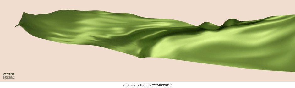 Flying green silk textile fabric flag background. Smooth elegant green Satin Isolated on white Background for grand opening ceremony. Olive Green curtain. 3d vector illustration.