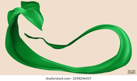 Fondo de la bandera textil de seda verde volando. Satin verde suave y elegante aislado de fondo beige para la gran ceremonia de inauguración. Cortina verde. Ilustración vectorial 3d.