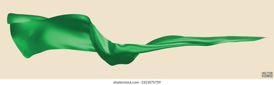 Flying green silk textile fabric flag background. Smooth elegant green Satin Isolated on beige Background for grand opening ceremony. Green curtain. 3d vector illustration