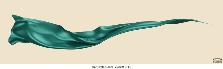 Fliegende grüne Seide, Stoffflagge, Hintergrund. Hübscher, eleganter grüner Satin einzeln auf beigem Hintergrund für eine große Eröffnungszeremonie. Grüner Vorhang. 3D-Vektorgrafik