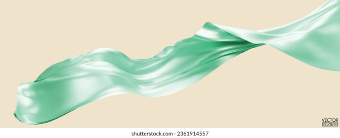 Fliegende grüne Seide, Stoffflagge, Hintergrund. Hübscher, eleganter grüner Satin einzeln auf beigem Hintergrund für eine große Eröffnungszeremonie. Grüner Vorhang. 3D-Vektorgrafik