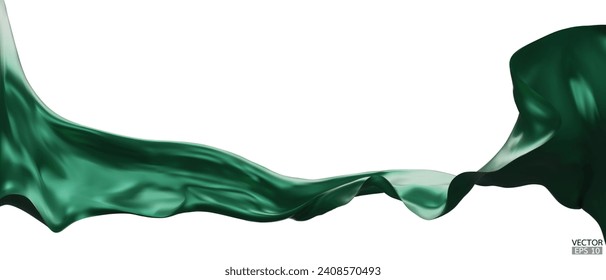 Fondo de la bandera textil de seda verde volando. Satin verde suave y elegante aislado de fondo blanco para la gran ceremonia de inauguración. Cortina verde. 3.ª ilustración vectorial