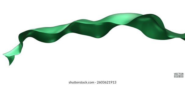 Flying green silk textile fabric flag background. Smooth elegant green Satin Isolated on white Background for grand opening ceremony. Green curtain. 3d vector illustration