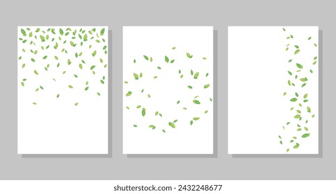 Flying green tea leaves set of postcard backgrounds. Vector illustration. Social media banner template, for stories, posts, blogs.