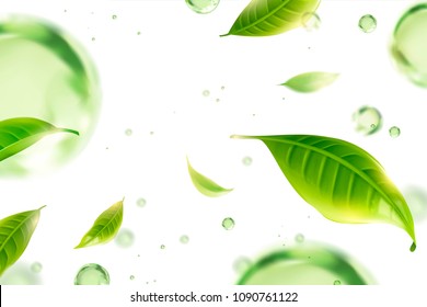 Flying Green Tea Leaves And Water Drops On White Background Illustration