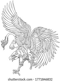 Flying Griffin, griffon, or gryphon. A mythical beast having the body of a lion and the wings and head of an eagle. Black and white outline vector illustration