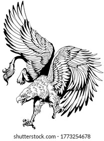 Griffin volador, griffon o griffin. Una bestia mítica que tiene el cuerpo de un león, las alas y la cabeza de un águila. Ilustración vectorial en blanco y negro