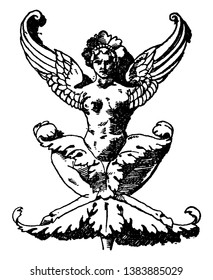Flying Grotesque Pilaster is a squatting winged female without arms, It is found in a palace in Siena, vintage line drawing or engraving illustration.