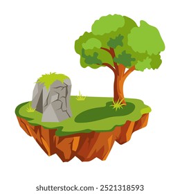 Flying ground island in flat design. Level platform with stone, tree and lawn. Vector illustration isolated.