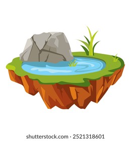 Ilha de terra voadora em design plano. Plataforma de nível com rochas, lago e grama. Ilustração vetorial isolada.