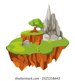 Flying ground island in flat design. Level platform with mountains, tree and grass. Vector illustration isolated.