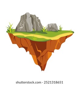 Flying ground island in flat design. Level platform with rocks, lawn and path. Vector illustration isolated.