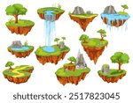 Flying ground islands set elements in flat graphic design. Bundle objects of game assets, level platforms with forest trees, waterfall, lakes, rocks and mountains, grass lawns. Vector illustration.