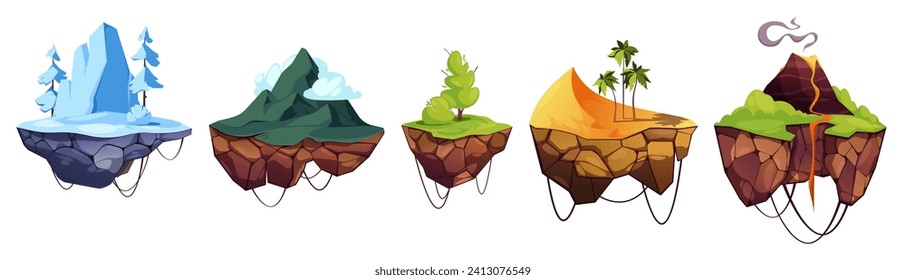 Plataformas terrestres voladoras. Caricatura flotando tierra con piedras y piedras, colección de sprite para videojuegos y plataforma de dibujos animados. Textura vectorial de la ilustración flotante de animación de aventura