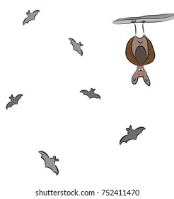Flying group of bats, resting bat hanging upside down.