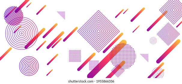 Diseño gráfico de patrones vectoriales de degradados geométricos de medio tono volante. Fondo abstracto con cuadrados, círculos, triángulos. Concepto de movimiento tecnológico progresivo, cobertura científica.