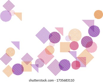 Flying halftone geometric shapes vector pattern graphic design. Abstract background with squares, circles, triangles. Progressive technological motion concept, scientific cover.