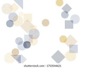 Flying halftone geometric shapes vector pattern graphic design. Abstract background with squares, circles, triangles. Progressive technological motion concept, scientific cover.