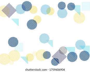 Flying halftone geometric shapes vector pattern graphic design. Abstract background with squares, circles, triangles. Progressive technological motion concept, scientific cover.