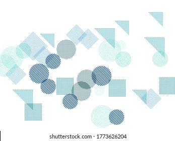 Flying halftone geometric shapes vector pattern graphic design. Abstract background with squares, circles, triangles. Progressive technological motion concept, scientific cover.