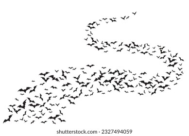 Flying Halloween bats. Creepy and scary vector background, Halloween monochrome backdrop with Dracula vampire bats black silhouettes, flying monsters animals swarm or flock