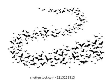 Flying halloween bats, isolated vector vampire animals flock curve wave fly on white background. Winged swarm of creepy bats black silhouettes, spooky fauna creatures group flow graphic design element